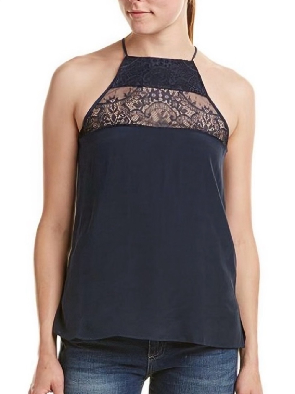 NWT Cami NYC ‘Eva’ Lace & Silk Cross Back Camisole in Navy Blue Size Medium